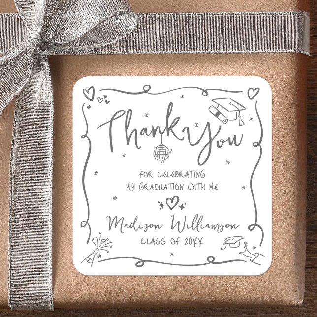Adesivo Quadrado White Gray Hand Drawn Doodle Graduation Thank You (Criador carregado)