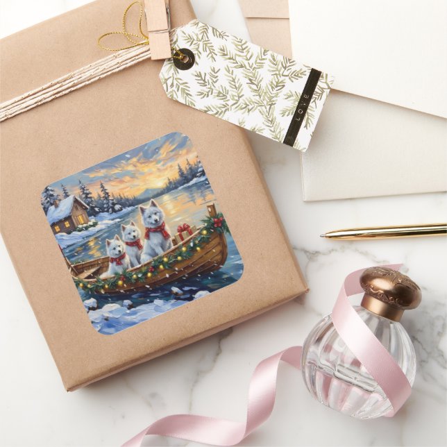 Adesivo Quadrado White Samoyed Christmas Boat Holiday (Presentear)