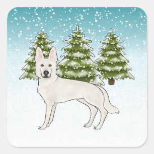 Adesivo Quadrado White Swiss Shepherd White GSD Dog Winter Forest