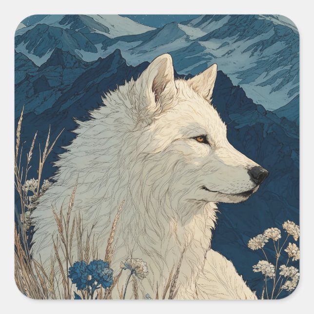 Adesivo Quadrado White Wolf with Blue Flowers and Snowy Mountains (Frente)