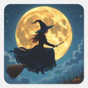 Adesivo Quadrado Wicked Halloween   Bruxa com vassoura e lua cheia