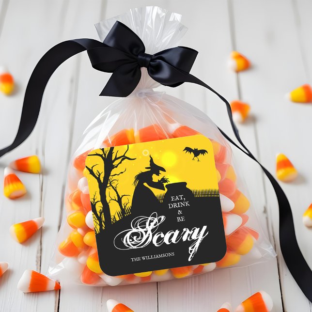 Adesivo Quadrado Wicked Witch Silhouette Halloween (Wicked witch silhouette Halloween 3" square stickers)