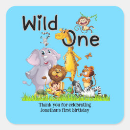 Adesivo Quadrado Wild One Safari Animals 1st Birthday cartoon Invit