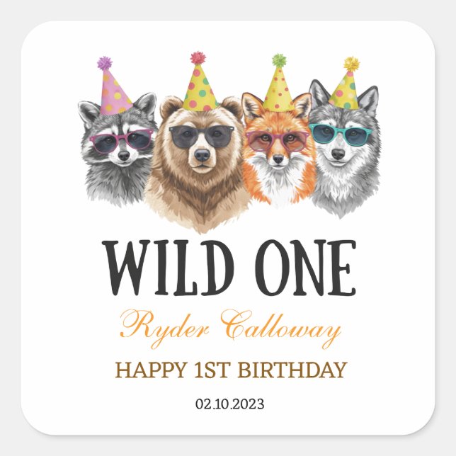 Adesivo Quadrado Wild One Safari First Birthday – Jungle Animal  (Frente)