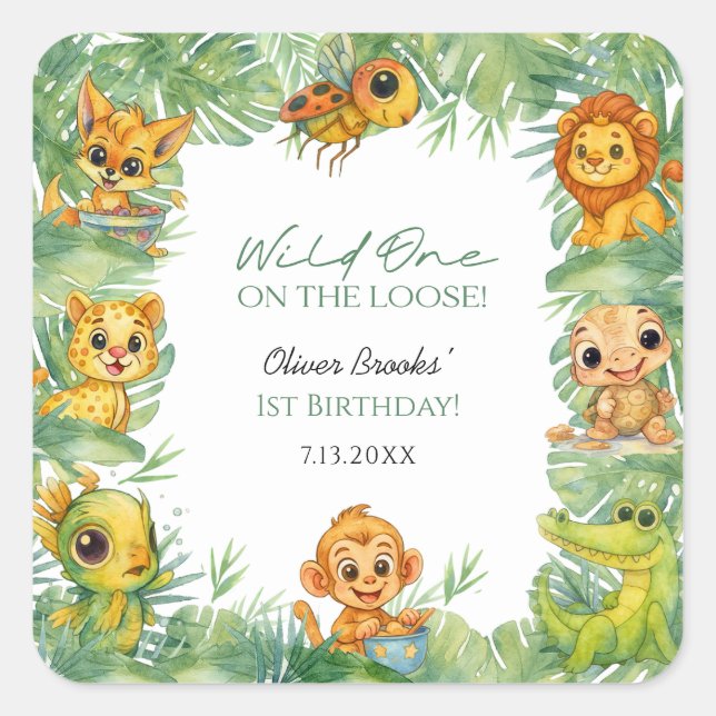 Adesivo Quadrado Wild One Safari Watercolor 1st Birthday  (Frente)