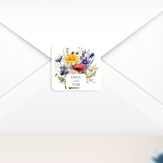 Adesivo Quadrado Wildflower Boho Chic Watercolor Wedding (Criador carregado)