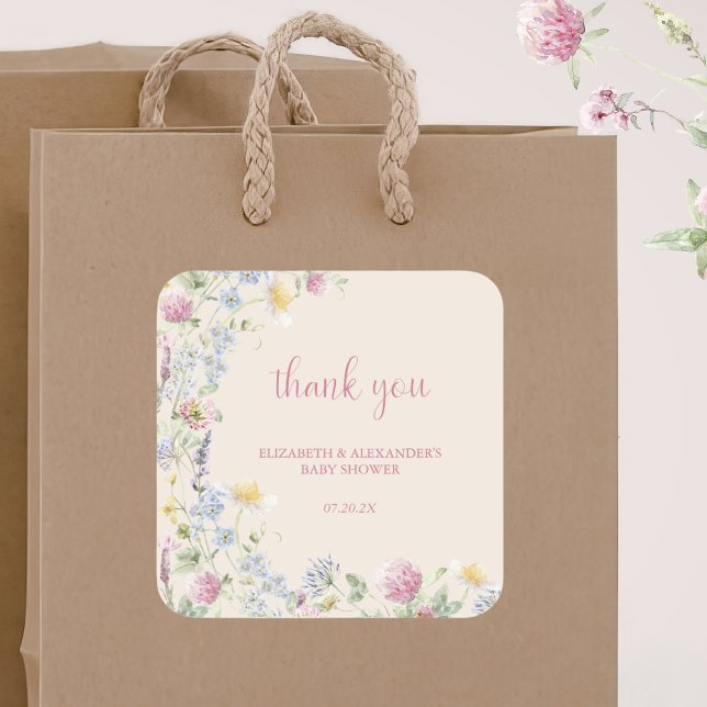 Adesivo Quadrado Wildflower Couples Baby Shower (Criador carregado)