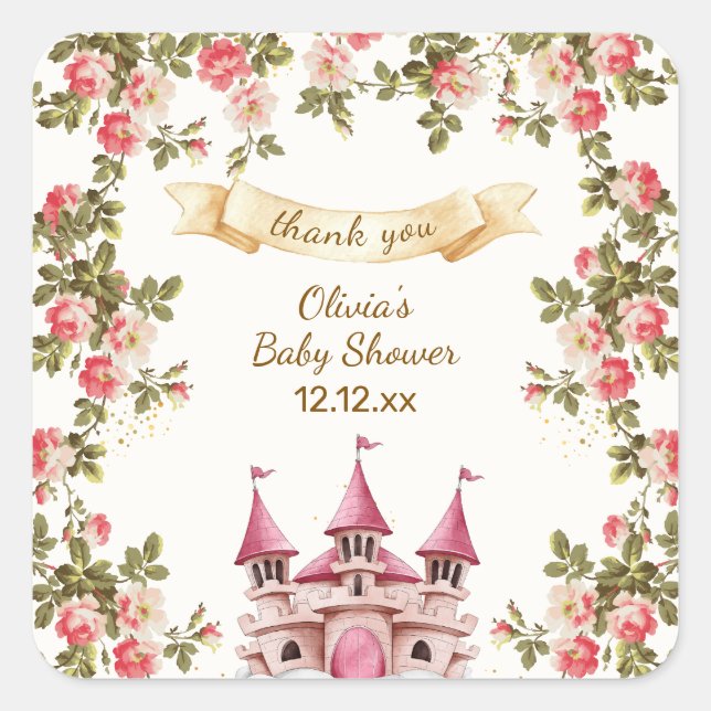 Adesivo Quadrado Wildflower Fairytale Castle Baby Shower Thank You (Frente)