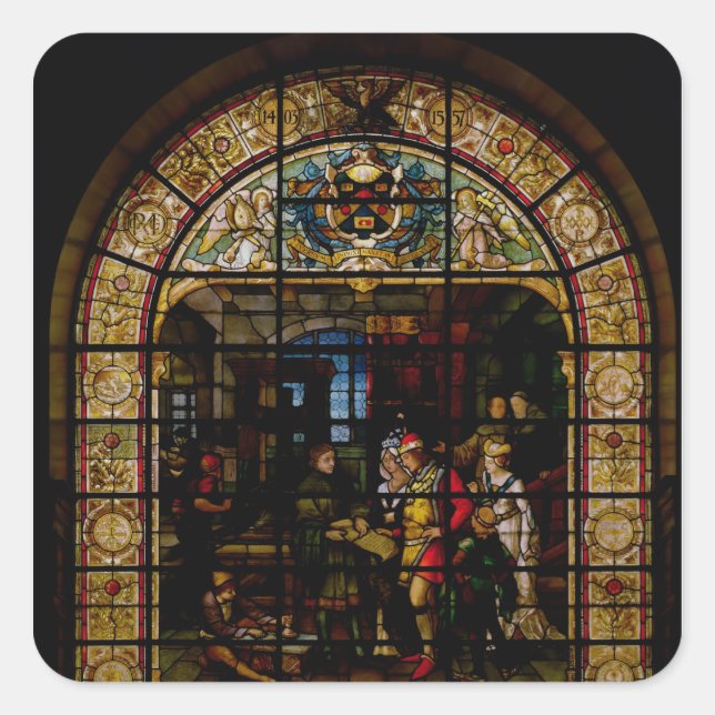 Adesivo Quadrado William Caxton mostrando seu primeiro livro impres (Frente)