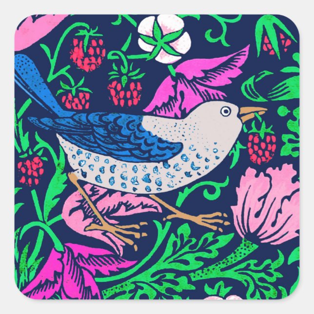 Adesivo Quadrado William Morris Bird & Azulejo, Marinho e Fuchsia (Frente)