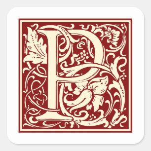Adesivo Quadrado William Morris - Letra P Monograma Vermelho Inicia