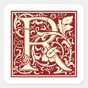 Adesivo Quadrado William Morris - Letra R Monograma Vermelho Inicia