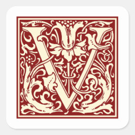 Adesivo Quadrado William Morris - Letra V Monograma Vermelho Inicia