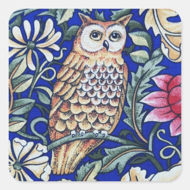 Adesivo Quadrado William Morris Owl Tapeçaria, Beige e Cobalto Blue (Frente)