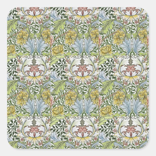 Adesivo Quadrado William Morris Vintage Floral Cor-de-Rosa Verde (Frente)