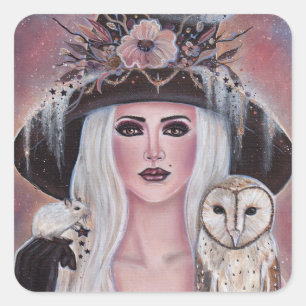 Adesivo Quadrado Wilona Witch com coruja e rato por Renee Lavoie