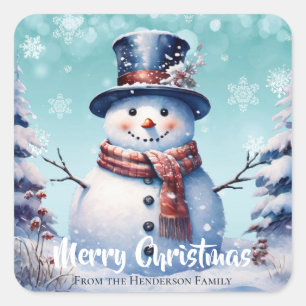 Adesivo Quadrado Winter Forest Snowman Feliz Natal Cerceta
