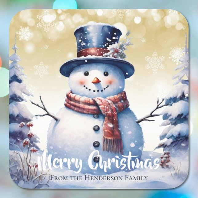 Adesivo Quadrado Winter Forest Snowman Feliz Natal | DOURADO (Gold Winter Forest Snowman Merry Christmas Sticker)