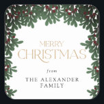 Adesivo Quadrado Winter Greenery Mistletoe Christmas<br><div class="desc">Este encantador adesivo de Natal mostra uma fronteira verde de inverno e a mensagem "Feliz Natal". O texto personalizado permite personalizar com seu nome.</div>