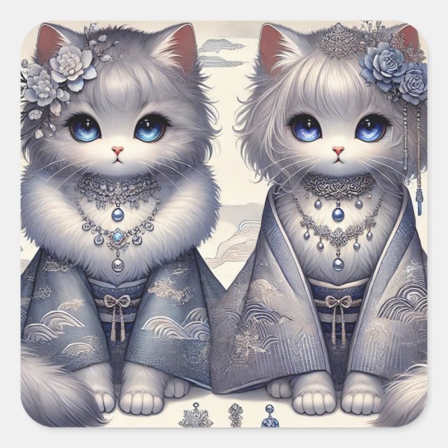 Adesivo Quadrado Winter Kimono Princess Cats (Frente)