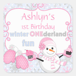 Adesivo Quadrado Winter One derland First Birthday Snowman Mittens