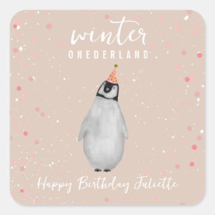 Adesivo Quadrado Winter Onederland Pink Birthday Penguin Confetti