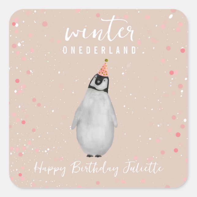 Adesivo Quadrado Winter Onederland Pink Birthday Penguin Confetti (Frente)