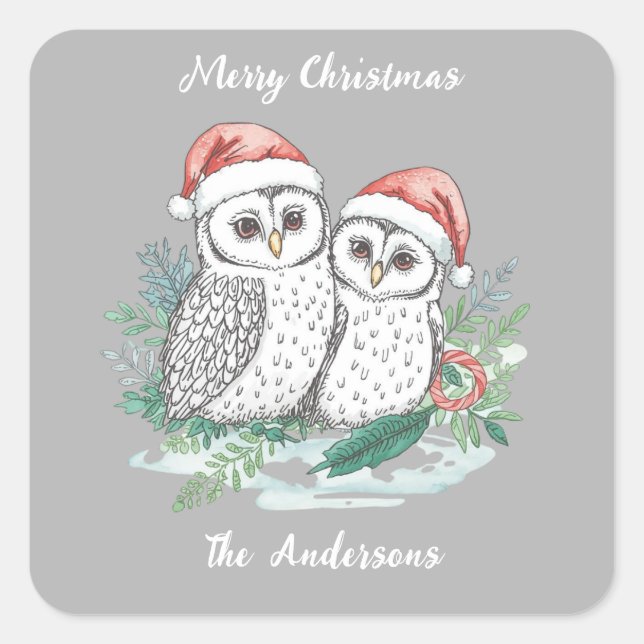 Adesivo Quadrado Winter Owl Christmas Sticker – Woodland Forest Owl (Frente)