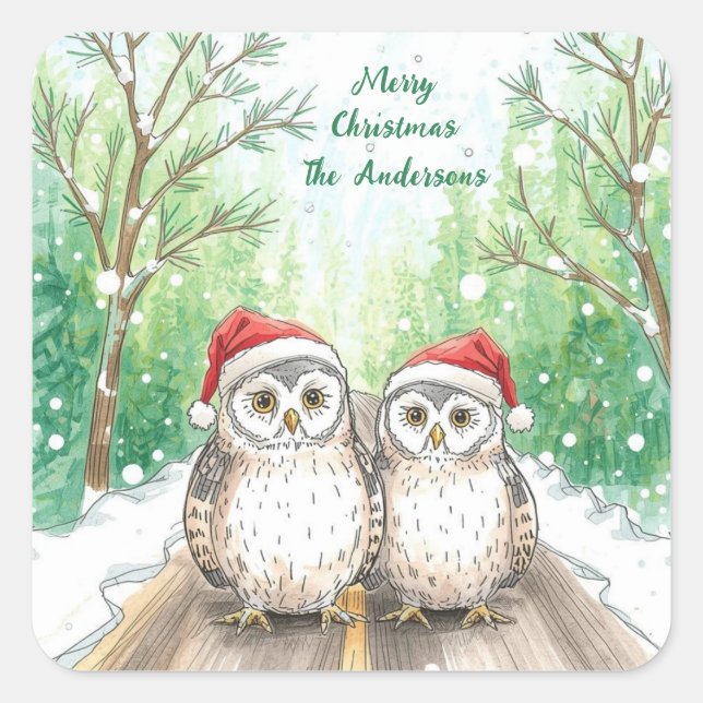 Adesivo Quadrado Winter Owls on Snowy Sticker- Christmas  (Frente)