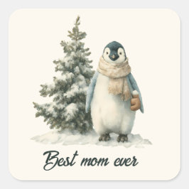 Adesivo Quadrado Winter Penguin “Best Mom Ever” Design