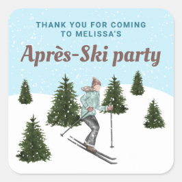 Adesivo Quadrado Winter Skiing Girl Après-Ski Birthday Thank You