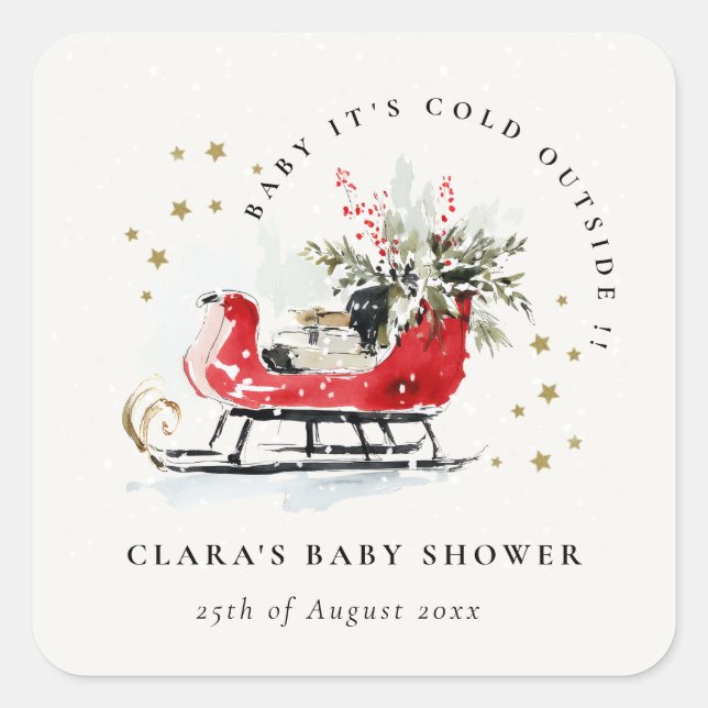 Adesivo Quadrado Winter Sleigh Its Cold Outside Neutral Baby Shower (Frente)