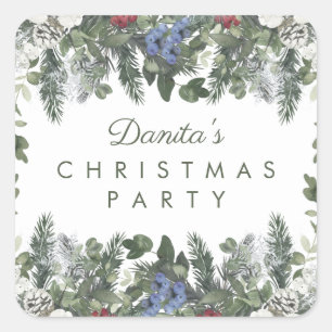 Adesivo Quadrado Winter Snow Berries Pine Christmas Personalizado
