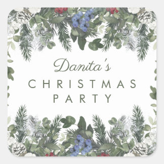 Adesivo Quadrado Winter Snow Berries Pine Christmas Personalizado