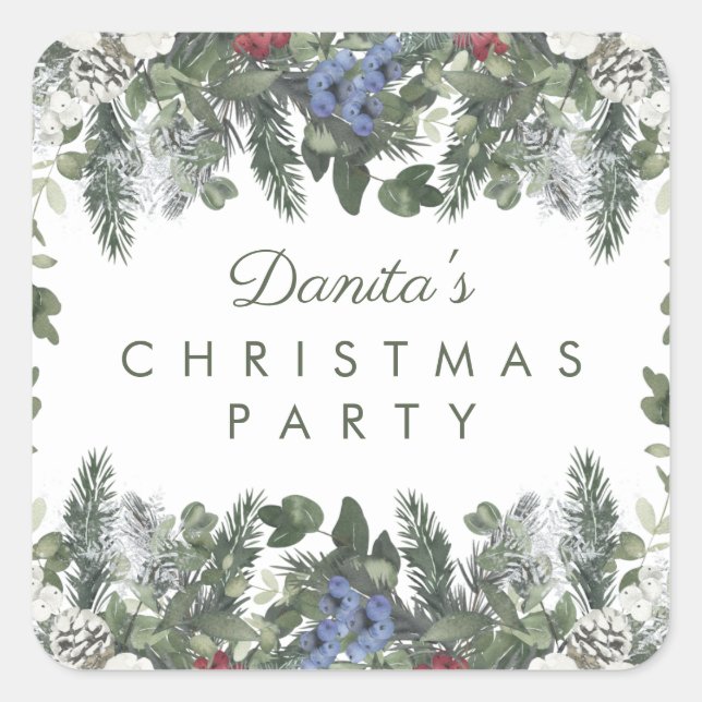 Adesivo Quadrado Winter Snow Berries Pine Christmas Personalizado (Frente)