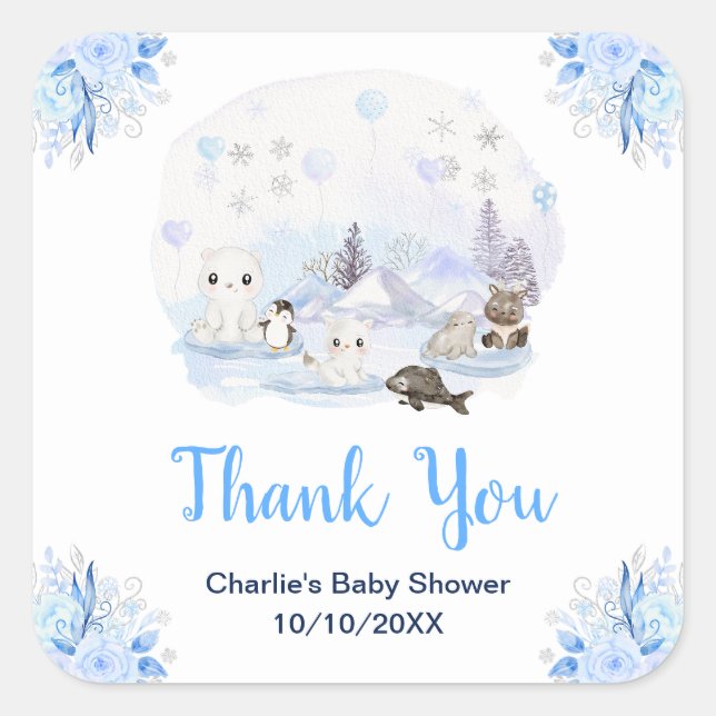 Adesivo Quadrado Winter Wonderland Animals Baby Shower Thank You (Frente)