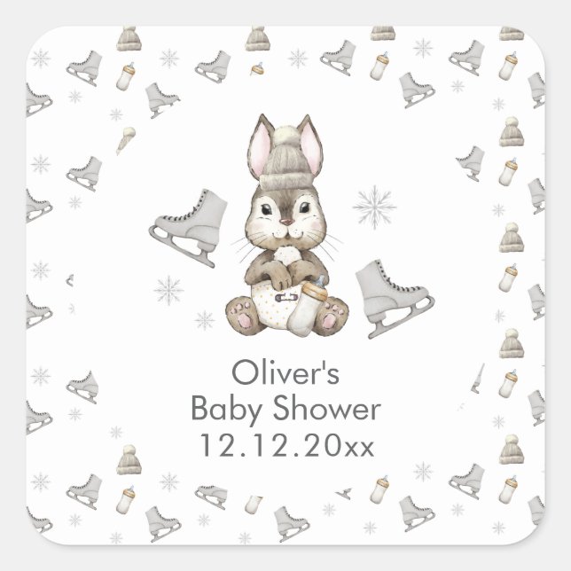 Adesivo Quadrado Winter Woodland Bunny Ice Skate Baby Shower  (Frente)
