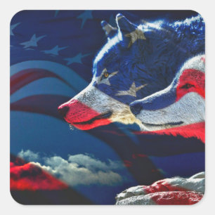 Adesivo Quadrado Wolf American Flag Full Moon