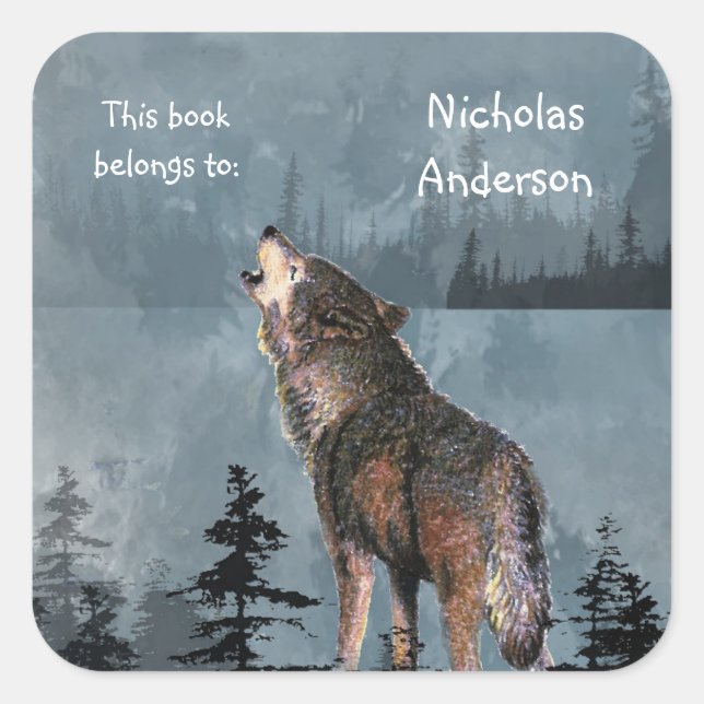 Adesivo Quadrado Wolf Animal Nature art Custom Bookplate (Frente)