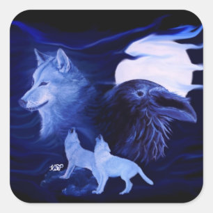 Adesivo Quadrado Wolf e Raven com lua de cheio