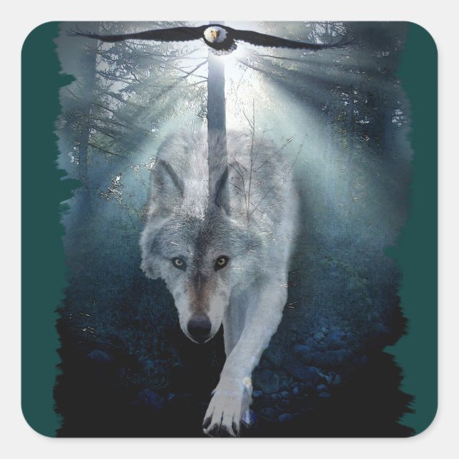 Adesivo Quadrado Wolf & Eagle Clans Wildlife Art (Frente)