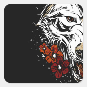 Adesivo Quadrado Wolf Flower Tatoo Vintage