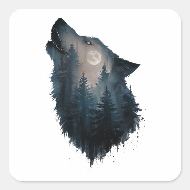 Adesivo Quadrado Wolf Howl Forest Moon (Frente)