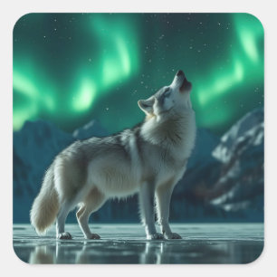 Adesivo Quadrado Wolf Howling debaixo das luzes do Norte