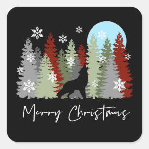 Adesivo Quadrado Wolf Howling Na Floresta Feliz Árvores De Natal
