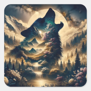 Adesivo Quadrado Wolf Howling na lua