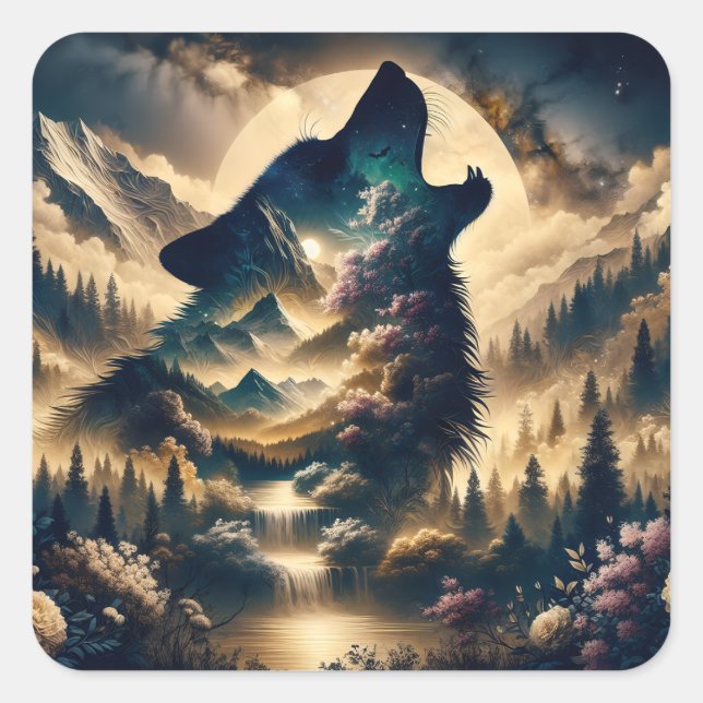 Adesivo Quadrado Wolf Howling na lua (Frente)