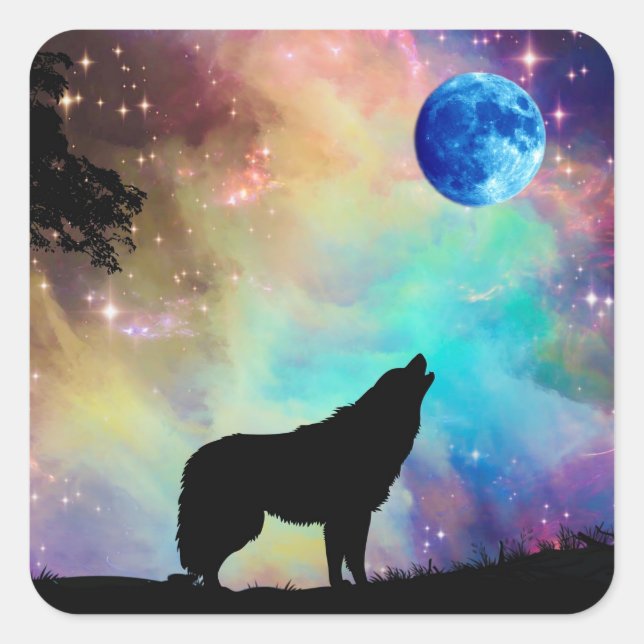 Adesivo Quadrado Wolf Howling na Lua Galáxia Stars Animal (Frente)