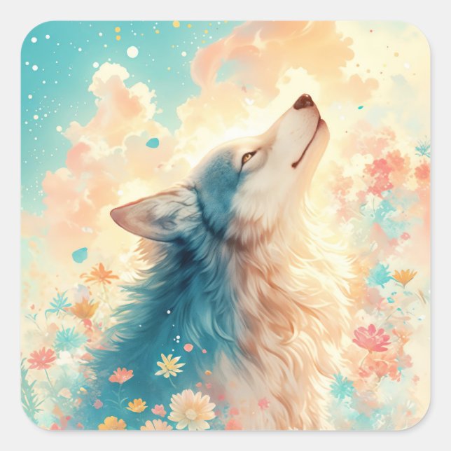 Adesivo Quadrado Wolf Portrait in Pastel Wildflower Meadow (Frente)