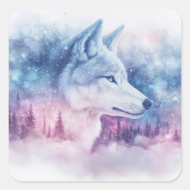Adesivo Quadrado Wolf Portrait with Pink and Purple Nebula (Frente)